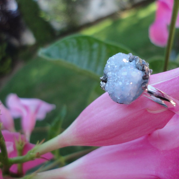 Druzy Agate With Pyrite Silver Ring/Blue Druzy/Modern Boho/Crushed Pyrite/summer blue/Stainless Steel/raw