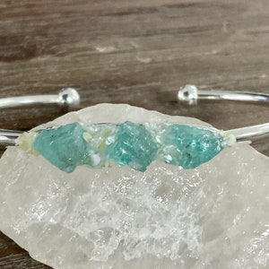 Raw Apatite Cuff Bracelet: Crushed Abalone Shell, Boho Bangle