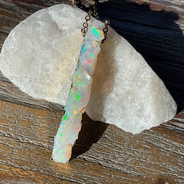 Raw Opal Bar Pendant Necklace: 24K Gold Plated, 3D Bar