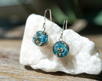 Raw Apatite and Pyrite Dangle Earrings/Dime Size/Gold or Silver/Earth from space