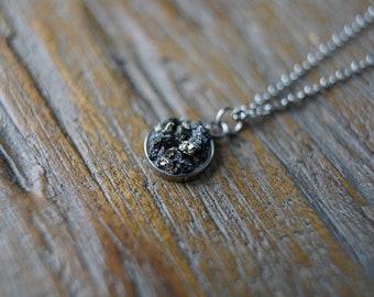 Mini Raw Black Tourmaline and Pyrite Pendant Necklace/Dime Size/Silver or Gold Link or Satellite Chain/petite