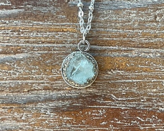 Mini Aquamarine and Pyrite Pendant Necklace/Dime Size/Silver or Gold Link or Satellite Chain/petite