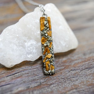 Raw Tigers Eye and Pyrite gemstone flat bar pendant necklace/silver or gold/rectangle long bar/fall inspired/autumn jewelry