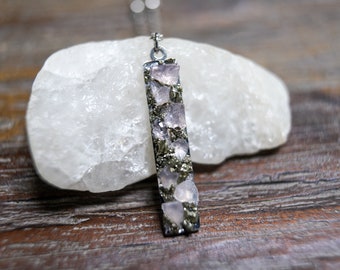 Raw Rose Quartz and Pyrite flat bar pendant necklace/silver or gold/rectangle long bar/pink/light rose