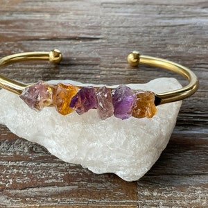 Amethyst Citrine Ametrine Gold/Silver Cuff Open Bangle Bracelet/raw gemstone jewelry/Modern Boho Bracelet/purple/gold/lilac