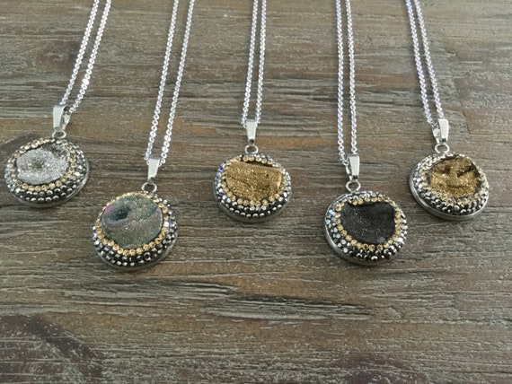 Druzy Set in Silver and Gold Pave Crystals/ Silver Pendant | Etsy