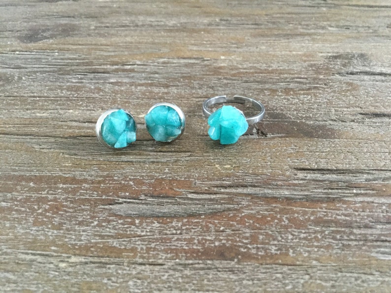 Amazonite Silver RingBlueModern BohoStainless SteeladjustableAmazonite flower ringsummer bluebrightAmazonite chipturquoise blue