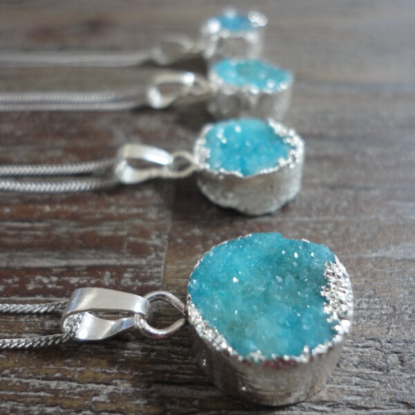 Collana con ciondolo in argento sterling Mini Aqua Druzy/Druzy blu/Catena in argento sterling/Rotondo/Blu