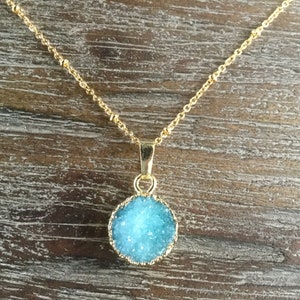 Mini Aqua Druzy Gold Pendant Necklace/Dime Size/summer blue/Blue/Gold/Satellite Chain/petite