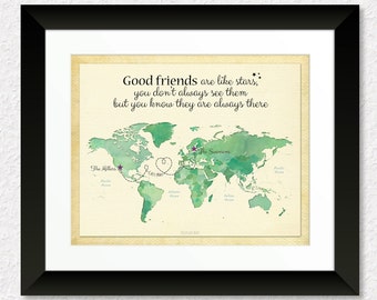 Long Distance Friendship Gift, Gift for Good Friends, Moving Away Gift, Birthday Gift Idea, Military Friends Gift, Custom World Map Art