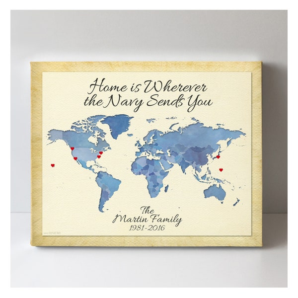Military Retirement Gift, World Map of Our Travels, Military Family Keepsake, Navy, Coastguard, Army, Marines, Air Force