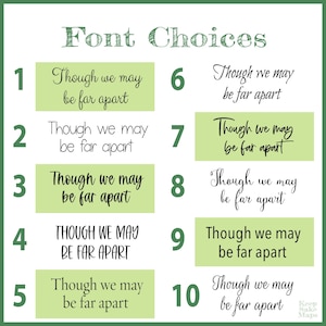 K&ouml;nnte beinhalten: Eine Schriftart-Auswahltabelle mit dem Titel Font Choices, die zehn nummerierte Optionen enth&auml;lt. Jede Option zeigt den Satz Though we may be far apart in einer eigenen Schriftart. Einige Optionen sind hellgr&uuml;n hinterlegt.