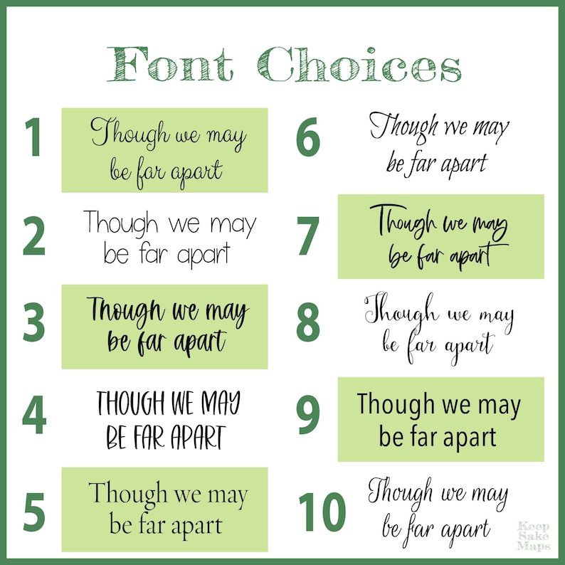 K&ouml;nnte beinhalten: Eine Schriftart-Auswahltabelle mit dem Titel Font Choices, die zehn nummerierte Optionen enth&auml;lt. Jede Option zeigt den Satz Though we may be far apart in einer eigenen Schriftart. Einige Optionen sind hellgr&uuml;n hinterlegt.