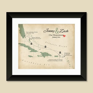Personalized Caribbean Honeymoon Cruise Map, Caribbean Cruise Wedding Keepsake Map Gift, Special Gift for Couple Married on a Cruise
