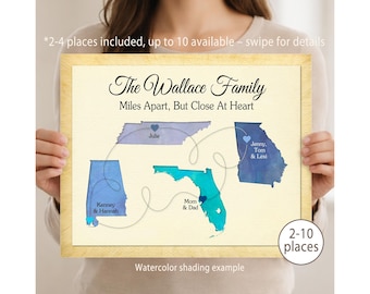 Long Distance Mother’s Day Gift Map – 2 to 10 Places – Personalized Map Art