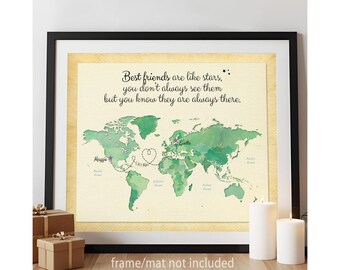 World Map Long Distance Friendship Gift – Personalized Place to Place Gift for Best Friends – Custom Locations
