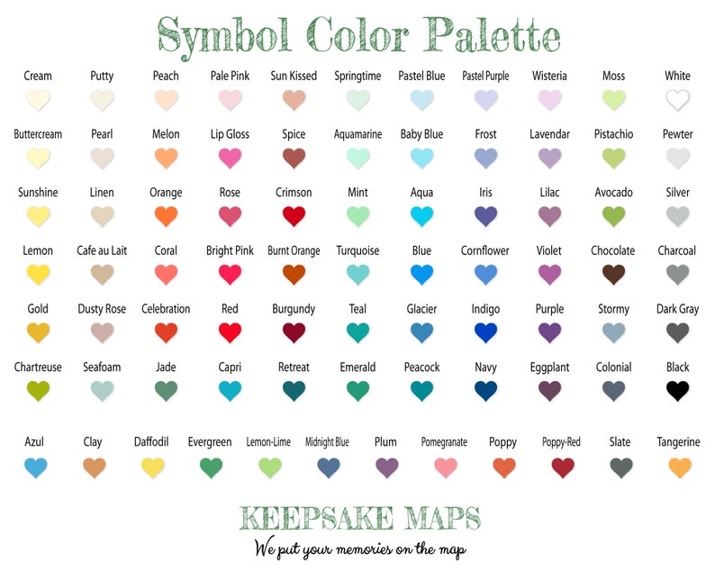 May include: A chart of 60 color swatches in the shape of hearts, with the name of each color listed below. The chart is titled "Symbol Color Palette".