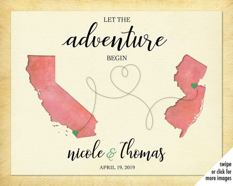 Map Of Couple S Hometowns Let The Adventure Begin Wedding Etsy