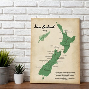 New Zealand Map Print, Personalized Anniversary Gift, Travel Gift, Wedding Gift, Destination Wedding Keepsake, Honeymoon Memento Canvas