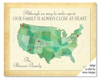 Personalized Family Map Gift for Christmas, 10 place Keepsake Map for Parents Grandparents