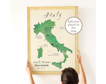 Personalized Italy Travel Map - Custom Vacation, Honeymoon & Anniversary Keepsake