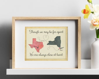 Texas to New York Friend Moving Gift Idea, From One State to Another Friendship Keepsake Map Gift, Lifelong Friend Leaving Gift