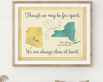 Though we May be Far Apart We are Always Close at Heart Christmas Gift, Personalized Gift for Mom, Grandma, 2 Places Map Print