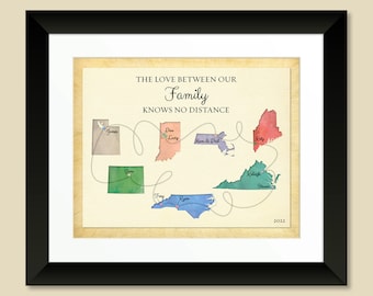 Large Family Spread over Distance Gift for Mom, Grandma, Keepsake Map for a Long Distance Family