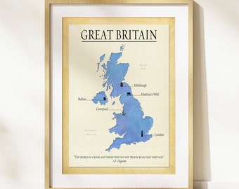 Great Britain Personalized Map, Great Britain Map Gift for Travelers, UK Honeymoon Gift Idea, Great Britain Wall Map