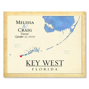 Carte-cadeau de mariage de Key West, carte de Key West pour couple, carte personnalisée en toile de carte de Key West, idée cadeau d'anniversaire de Key West