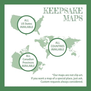 K&ouml;nnte beinhalten: Eine gr&uuml;n-wei&szlig;e Grafik mit dem Text KEEPSAKE MAPS. Sie zeigt Silhouetten der Vereinigten Staaten, Kanadas und der Welt, jeweils mit einer kreisf&ouml;rmigen &Uuml;berlagerung mit dem Text ALL US STATES AVAILABLE, ALL CANADIAN PROVINCES AVAILABLE und ALL COUNTRIES AVAILABLE.