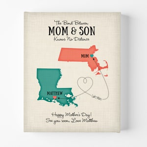 Moeder en zoon lange afstand Moederdag cadeau, 2 plaatsen kaart geschenken gepersonaliseerd voor moeder