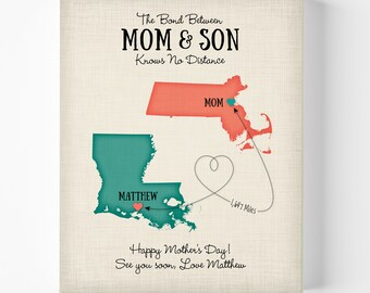 Mom and Son Long Distance Mothers Day Gift, 2 Places Map Gifts Personalized for Mom