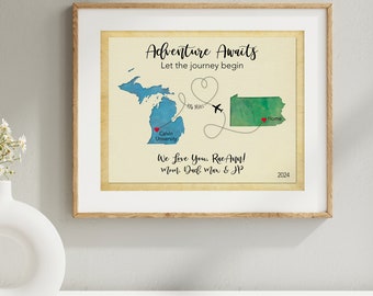 Going Away to College Gift for Daughter, Son, Personalized Moving Away Gift, State to State Map Art