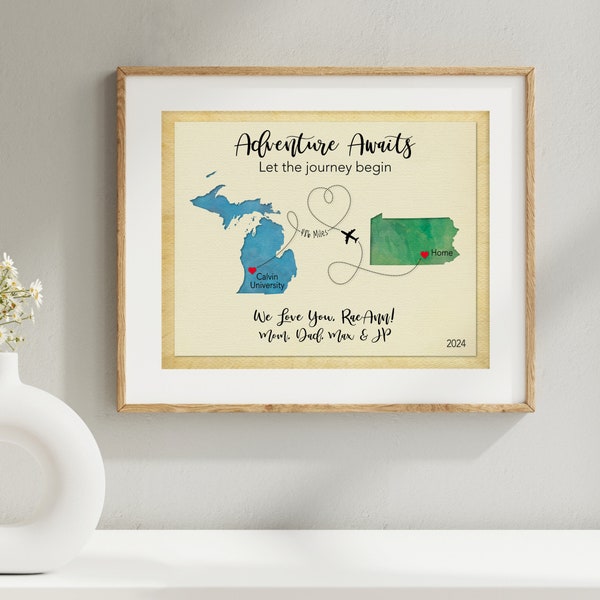 Going Away to College Gift for Daughter, Son, Personalized Moving Away Gift, State to State Map Art