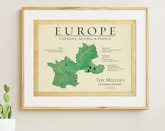 European Adventure Map, Multi-Country Europe Keepsake Map Gift, Group Tour Memento Idea