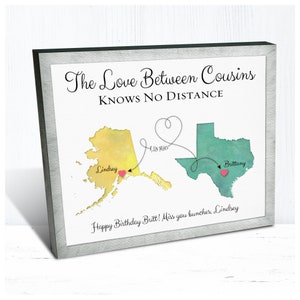 Geburtstagsgeschenk für Cousin, der weit weg lebt, Umzugsgeschenk für Cousin, 2 Place Keepsake Map Geschenke für Cousins