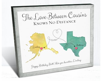 Birthday Gift for Cousin who Lives Far Away, Moving Gift for Cousin, 2 Place Keepsake Map Gifts