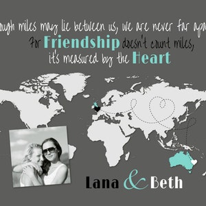 Long Distance Best Friends World Map with Photo, Miles Apart but Close at Heart Keepsake Map
