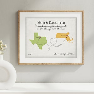 Mom and Daughter Miles Apart But Close at Heart gift, Keepsake Map Gift for Mom on her Birthday, Place to place heart gift for Mom, TX to MA