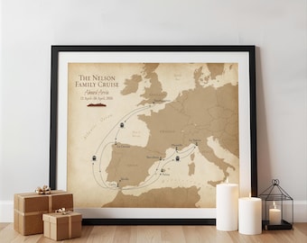 Custom European Cruise Map: Personalized Travel Keepsake