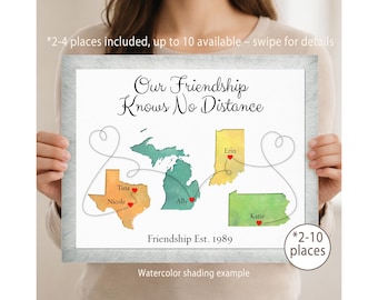 Long Distance Gift for Friend Group: Personalized Friendship Map Gift – Show 2-10 Places
