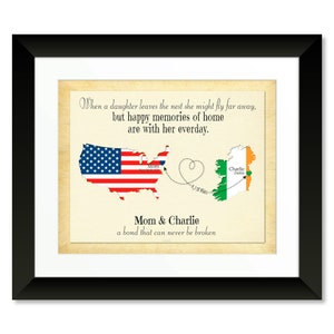 US to Ireland Gift for Mom, Ireland to US Map with flags, 2 Country Long Distance Gifts for Mom
