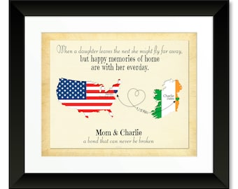 US to Ireland Gift for Mom, Ireland to US Map with flags, 2 Country Long Distance Gifts for Mom