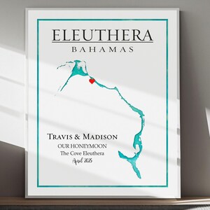 Eleuthera Bahamas Map, Eleuthera Honeymoon Keepsake Map Gift, Personalized Eleuthera Wedding Gift Map With Couple's Names and Date