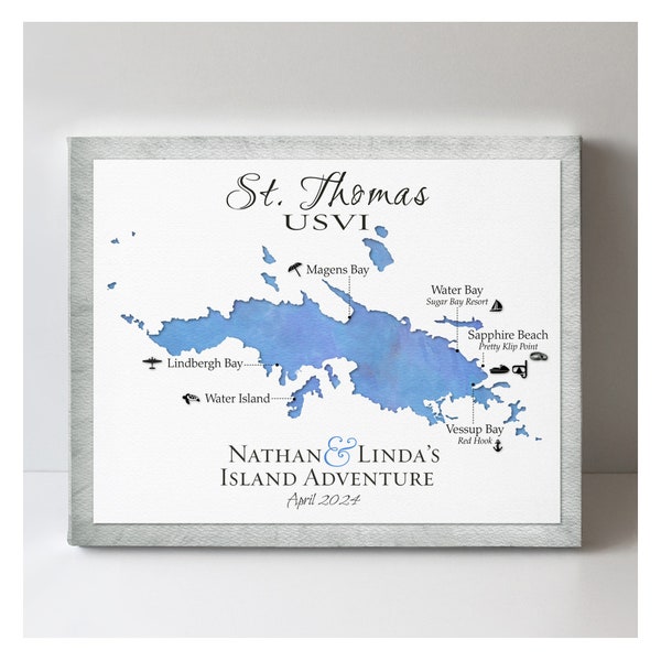 Personalized St. Thomas USVI Wedding Map Print, Map Art of St. Thomas, Destination Wedding Anniversary Gift, Wedding Keepsake Map