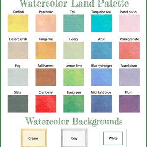 K&ouml;nnte beinhalten: Eine Farbkarte mit dem Titel Watercolor Land Palette, die zwanzig rechteckige Aquarellmuster in verschiedenen Farbt&ouml;nen wie Daffodil, Peach fizz, Teal und Pomegranate zeigt. Darunter zeigt der Abschnitt Watercolor Backgrounds die Optionen Cream, Gray und White. Der Text Keepsake Maps steht am unteren Rand.