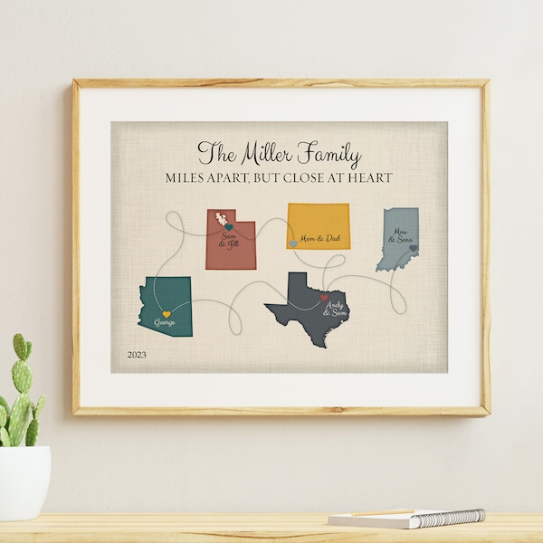 Miles Apart but Close at Heart Gift for Long Distance Family, 5 States Map Art Personalized Gift