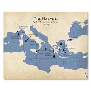 Mediterranean Cruise Keepsake, Mediterranean Cruise Gift Itinerary Map, Custom Map of Mediterranean Cruise Holiday, Sailing Greece and Italy