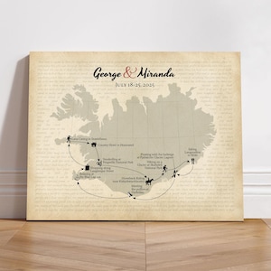 Iceland Travel Map Keepsake, Custom map of Iceland Honeymoon, Iceland Vacation Souvenir Custom Map, Personalized Map of Iceland Trip